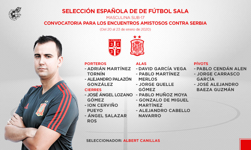 Albert Canillas da la lista de convocados para viajar a Serbia

Selección Española Sub-17 de Fútbol Sala en sus próximos compromisos internacionales y que llevarán al equipo a disputar un doble duelo amistoso en de Serbia, los días 21 y 22 de enero.