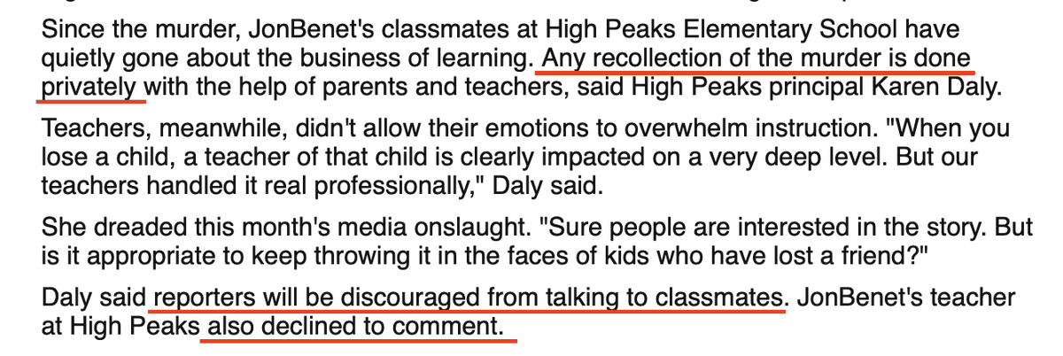 Well, then what about her schoolmates? Surely JonBenét Ramsey, enigmatic child Beauty Queen -- who'd been described in every news outlet under the sun as a "ball of energy" and a "spark plug" -- would have a bevy of close friends who could one day recount their memories of her?