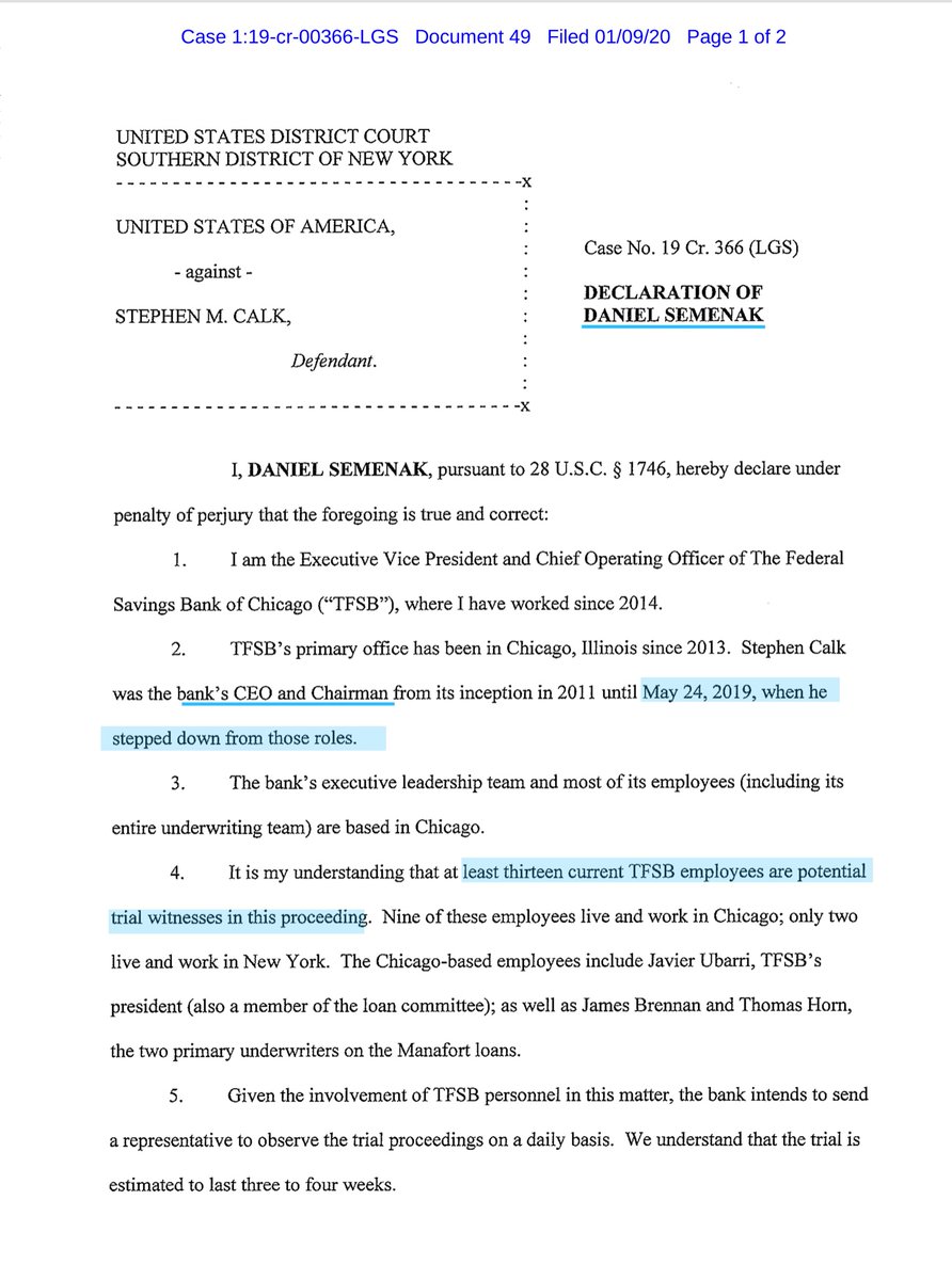 Interesting so back in December 2019 the FSBank filed a declaration to move the Calk trial from SDNY back to Chicago. Also disclosed that the Govt would seek up to 13 FSBank current & former employees. One of which testified at Manafort’s trial.Paywall https://ecf.nysd.uscourts.gov/doc1/127026168683?caseid=516086