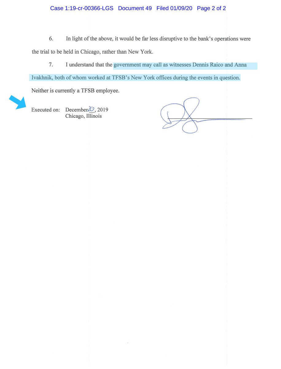 Interesting so back in December 2019 the FSBank filed a declaration to move the Calk trial from SDNY back to Chicago. Also disclosed that the Govt would seek up to 13 FSBank current & former employees. One of which testified at Manafort’s trial.Paywall https://ecf.nysd.uscourts.gov/doc1/127026168683?caseid=516086