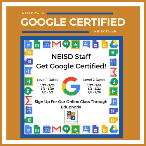 Are you interested in becoming a Google Certified Educator? If so, check out the dates below and sign up in 
Eduphoria. If you are Google Certified, leave a comment below and tell us one great thing you learned. #neisditect