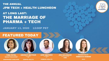 We are kicking off #JPM20 with the highly anticipated @120over80MKTG #pharma + #tech event! Experts include Komodo Health's @ArifNathooMD, Jen Goldsack @_DiMeSociety, @anurati @semprehealth, and Tina Patel @boehringerus - moderated by @RebeccaDRobbins of @statnews. See you there!