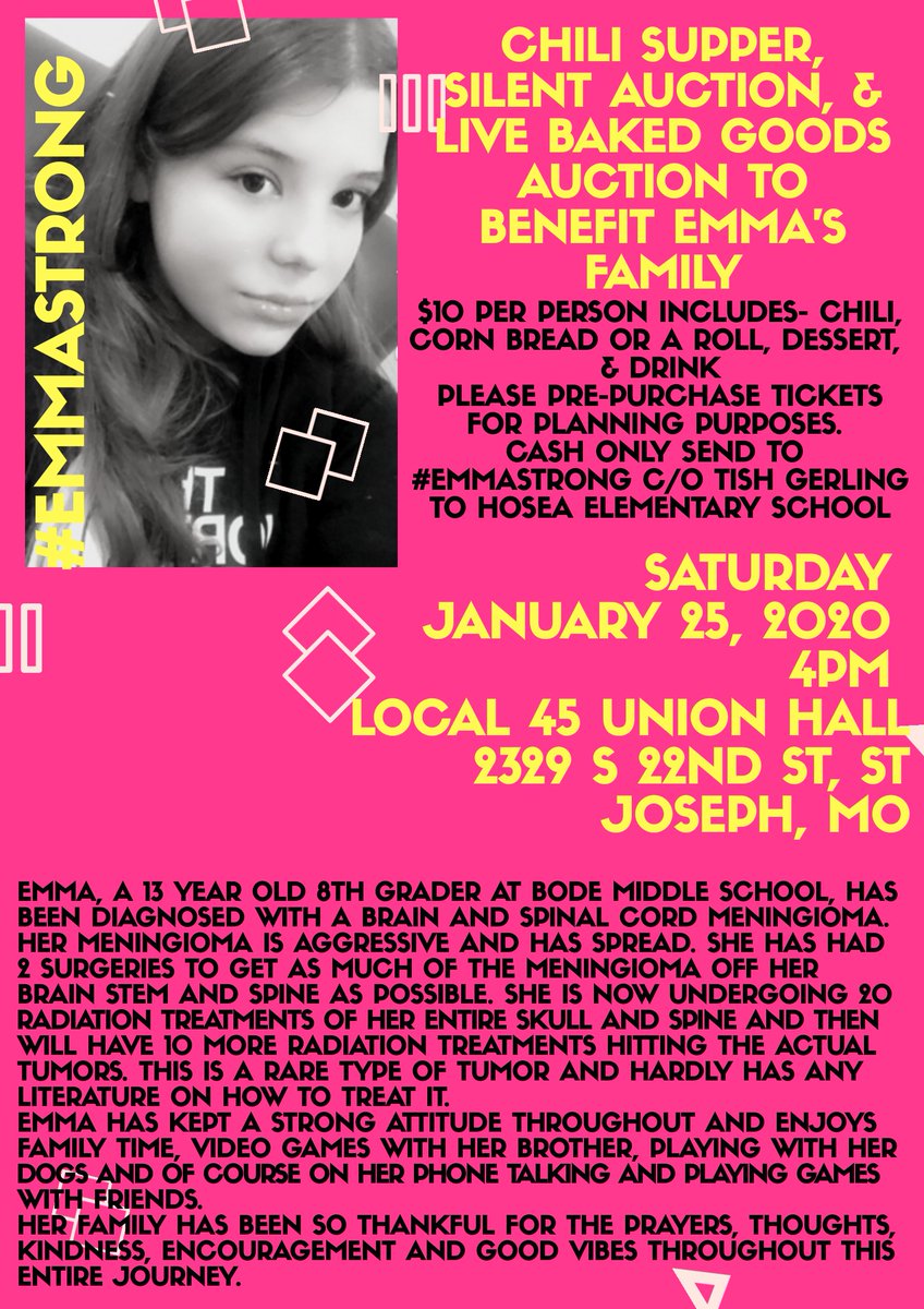 This is Emma. Emma is an 8th grader at <a href="/BodePatriots/">Bode Patriots</a>  &amp; the daughter of Mrs. Kerns, one of our 5th grade teachers at Hosea. Please join us at our chili supper and auction to help support them during this difficult time. <a href="/hoseahawks/">Hosea Hawks</a> #wearesjsd