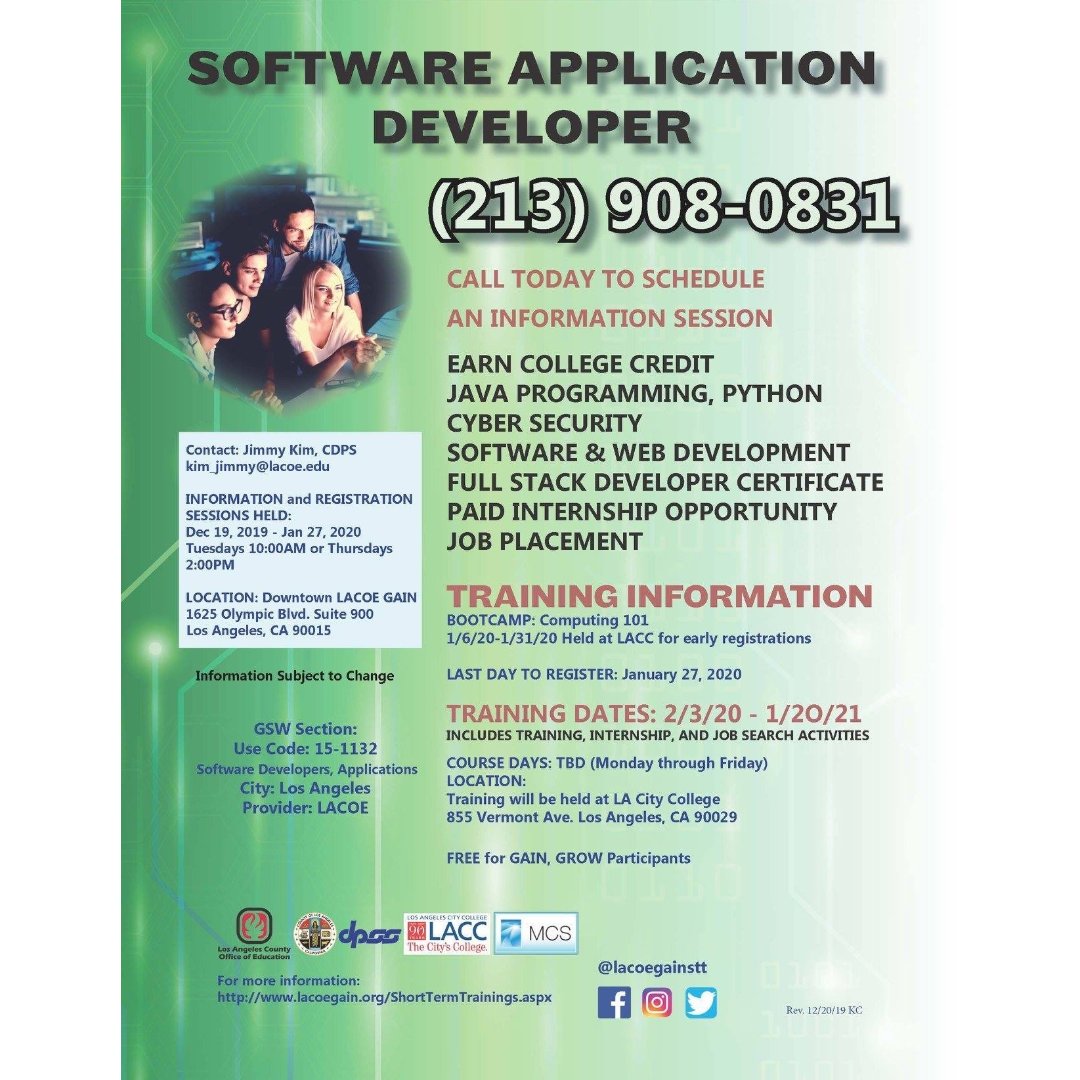 Mynewhouse777's tweet image. Make 2020 your year to train for a new career! Call (213) 908-0831 to register for the next information session on January 9th. Classes start on February 3rd. 
#LACounty #lacodpss #freesoftwaretraining #training #freetraining #softwaretraining