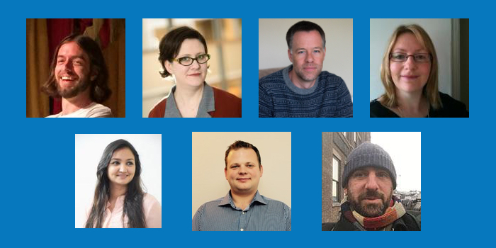 Collage with blue background showing the 7 committee member's Drupal.org profile pictures.