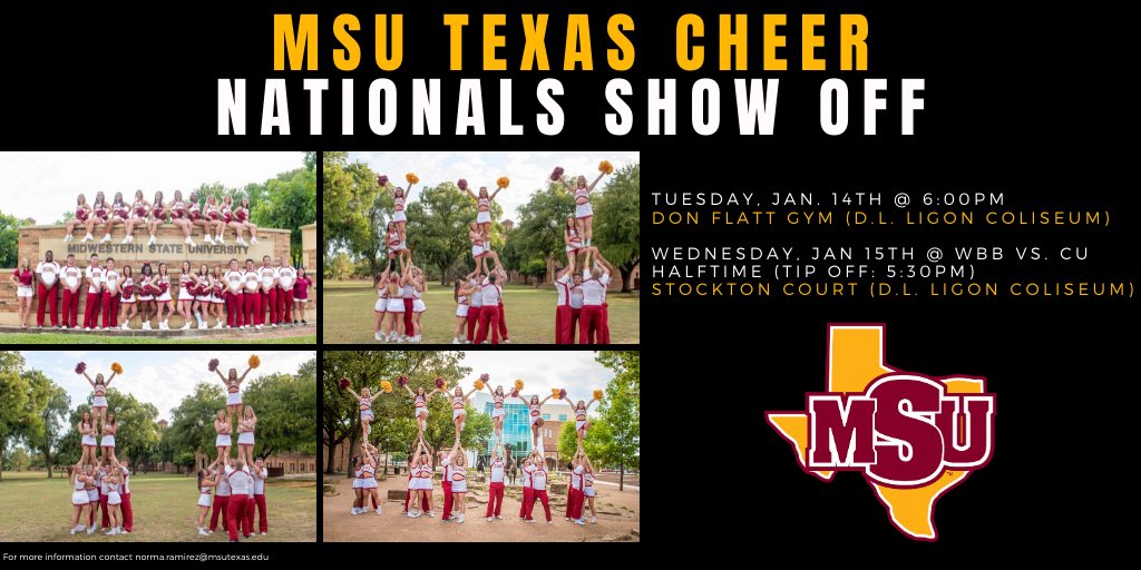 Support MSU Texas Cheer on the road to nationals! See you next Tuesday, Jan. 13th at 6pm or Wednesday, Jan. 14th at the Women’s Basketball Game vs. CU at halftime for our Nationals Show Off! <a href="/MSUTexas/">Midwestern State University</a> #StangGang