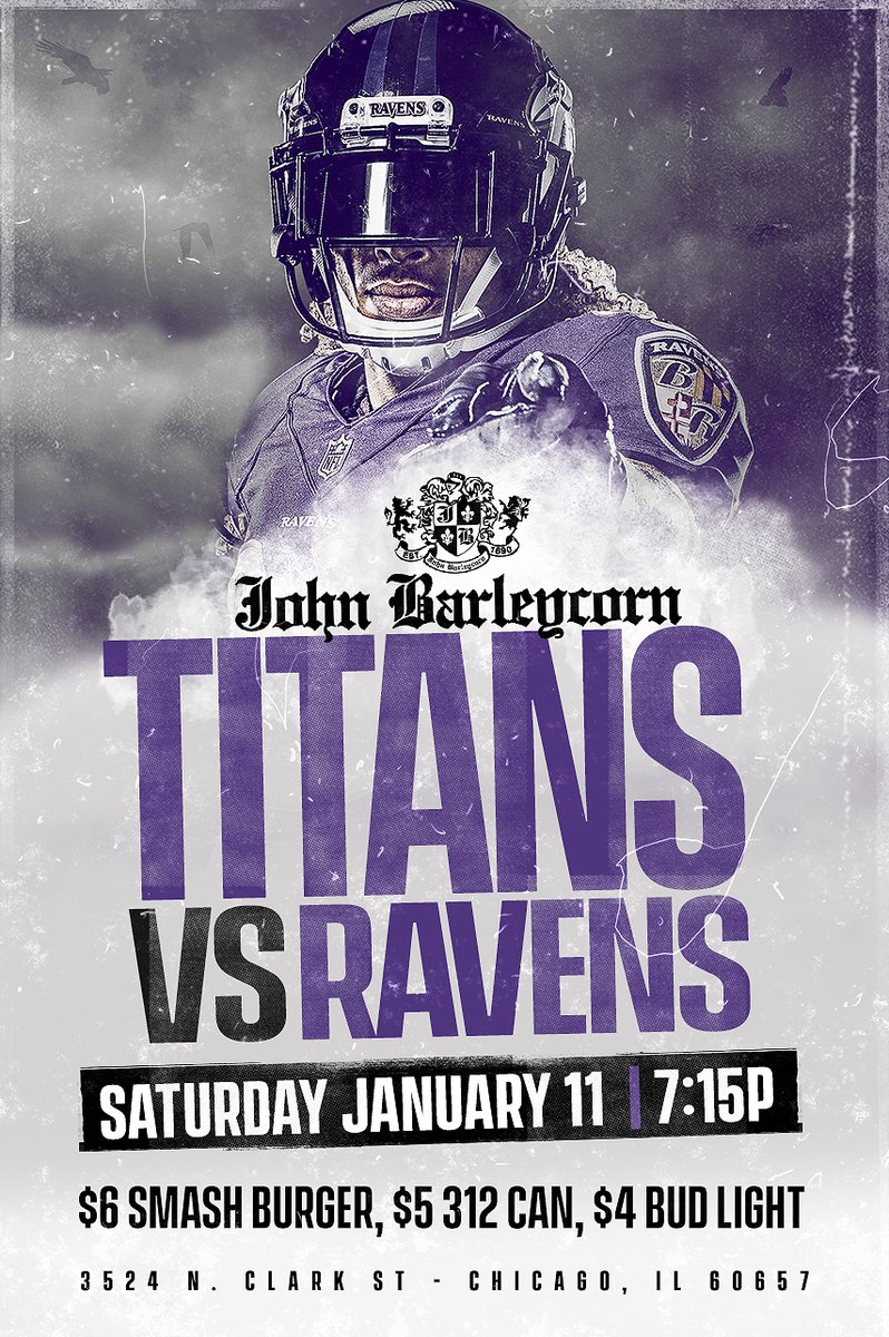 Barleycorn_Wrig's tweet photo. Join us at JBC THIS Saturday for the Titans vs. Ravens NFL Playoffs Game at 715p.

Game Day Specials include $6 Smash Burger, $4 Bud Lights and $5 312 Cans
#Barleycorn https://t.co/dUYWaeLTGy