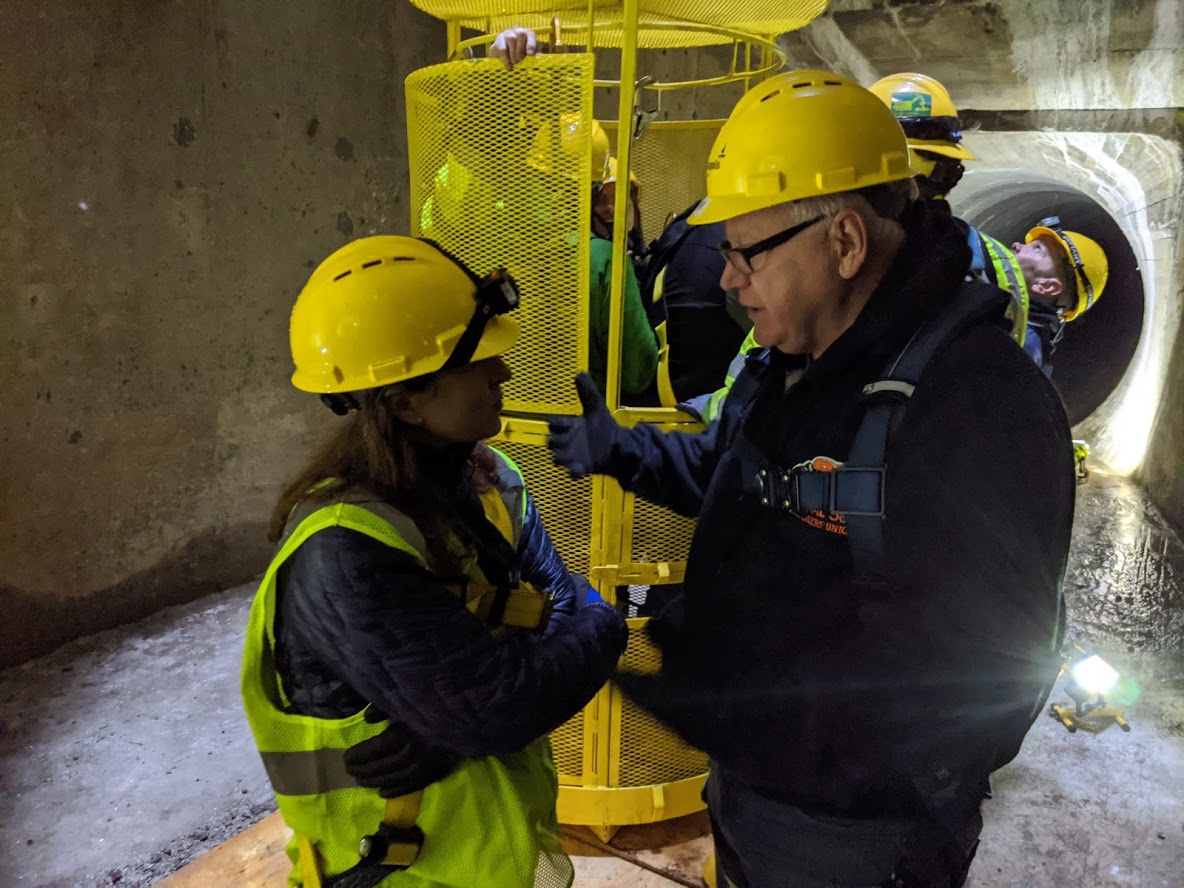 rchonthego's tweet image. Well here's a highlight, and probably for my team too - talking water infrastructure with @GovTimWalz 90 feet below ground in a Minneapolis storm tunnel.  We told our story of climate, rain, pressure, physics, and why the manhole covers dance.  Thank you sincerely for visiting.