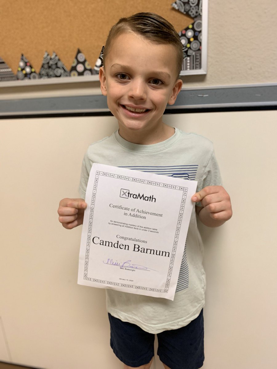 BoatwrightMissi's tweet photo. Woohoo! This sweet boy mastered his addition facts, now on to Subtraction, Multiplication and Division! #STEAMatStribling #SetGoalsSmashGoals #xtramath https://t.co/TBPX7T3zIR