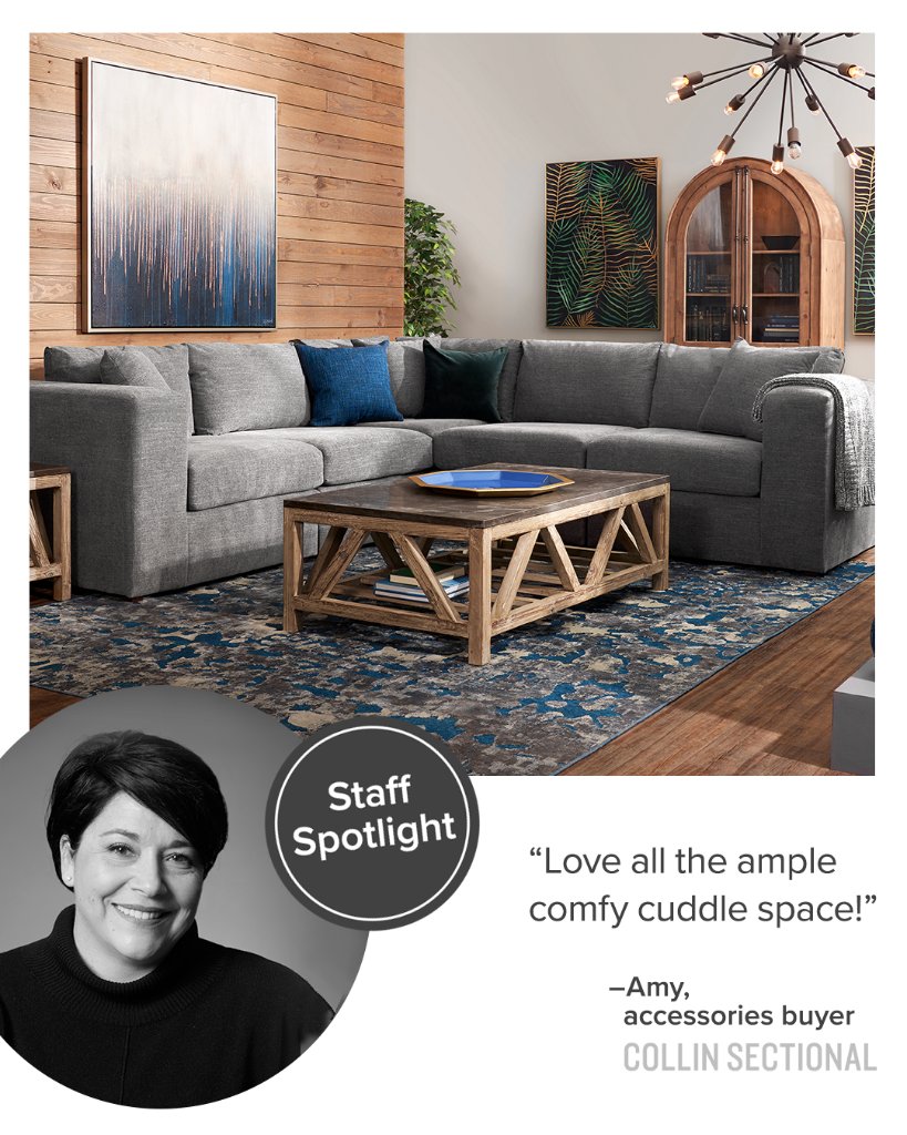 #StaffSpotlight: Amy, an accessories buyer, loves Collin because, “There’s lots of comfy space to fit my whole family and our Doberman—AND we got to choose from 37 fabrics!” #designerlooks