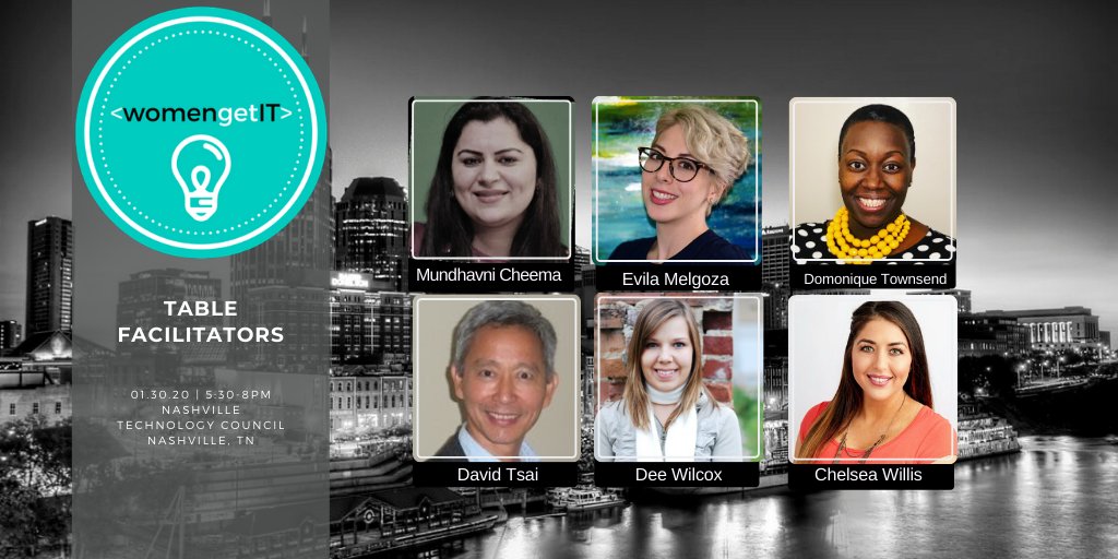 TGIF! We are weeks away from our next mentoring event on January 30th, 2020! See our table leaders below. Table topics will be released soon! Link for tickets:  tickettailor.com/events/womenge… #womengetit #womenintech #mentoring #mentor #nashville #networking #women #IT #career #ntc