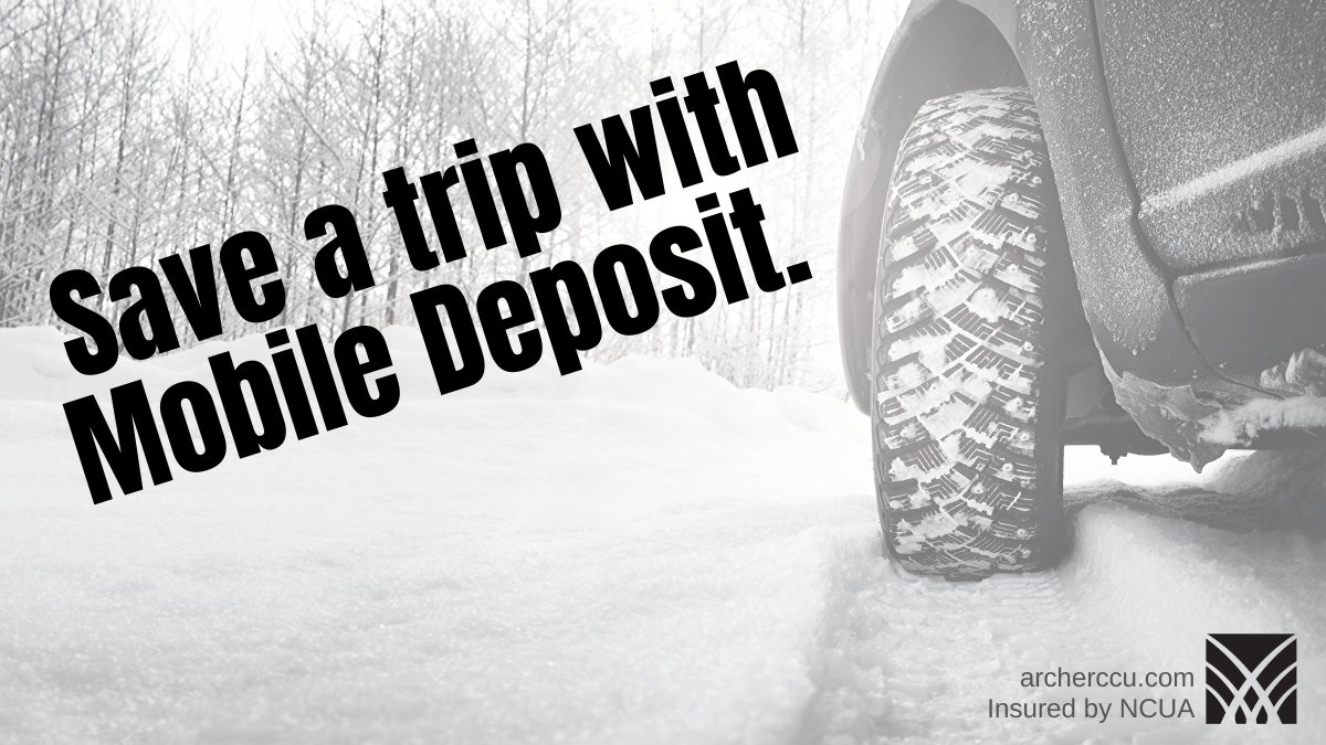 Sometimes you just don't want to get out and we get it. That's why we offer Mobile Deposit through our Mobile Banking app. Click here for more info: archerccu.com/save-trip-mobi….