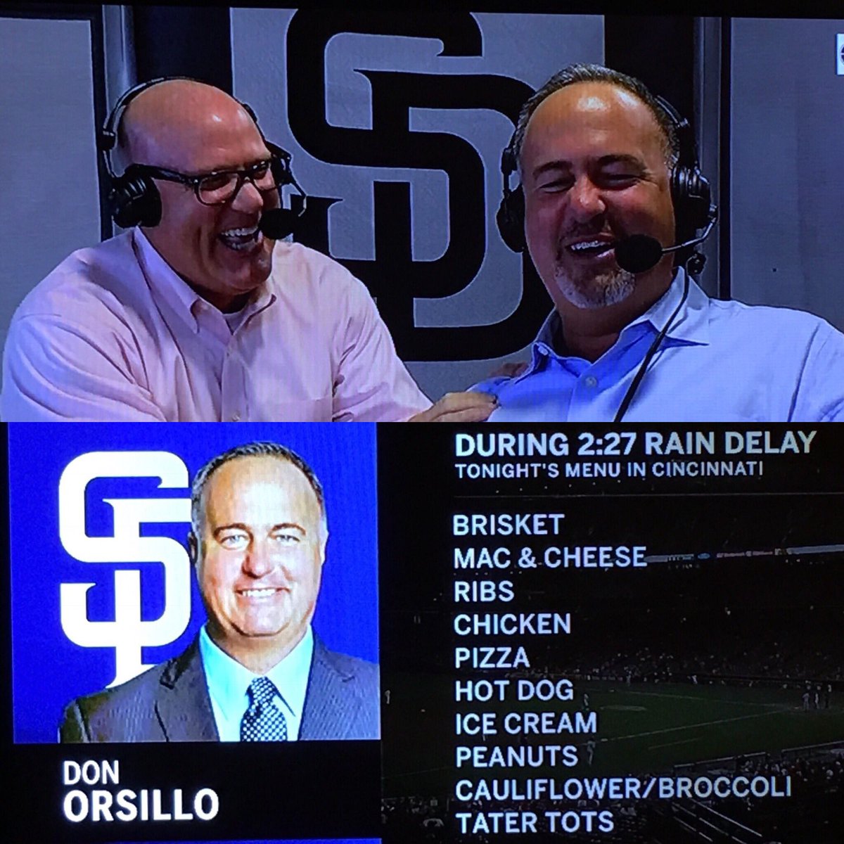 DonOrsillo's tweet photo. Was reminded today that my “Friends”/Crew decided to document what I consumed during the rain delay in Cincy. You will notice I did have Broccoli. #LongDelay #Aretheyreallyfriends https://t.co/x5qwsJrUiB