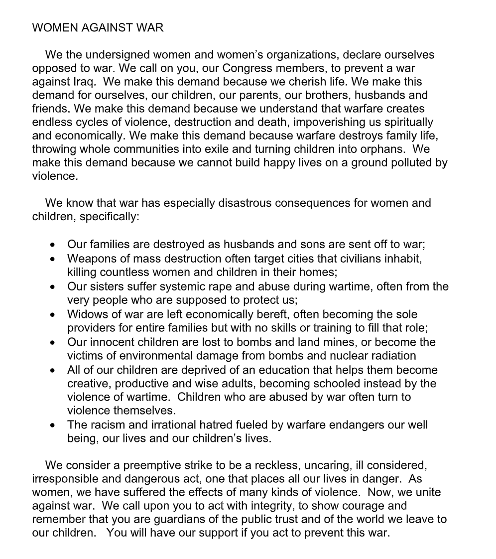 PramilaJayapal's tweet photo. This is a petition I sent out in 2002 calling on women to oppose the Iraq War.

Today, we find ourselves on the brink of another war. My position from back then has not changed, because the costs of war have not changed. https://t.co/FHDoUWitLp