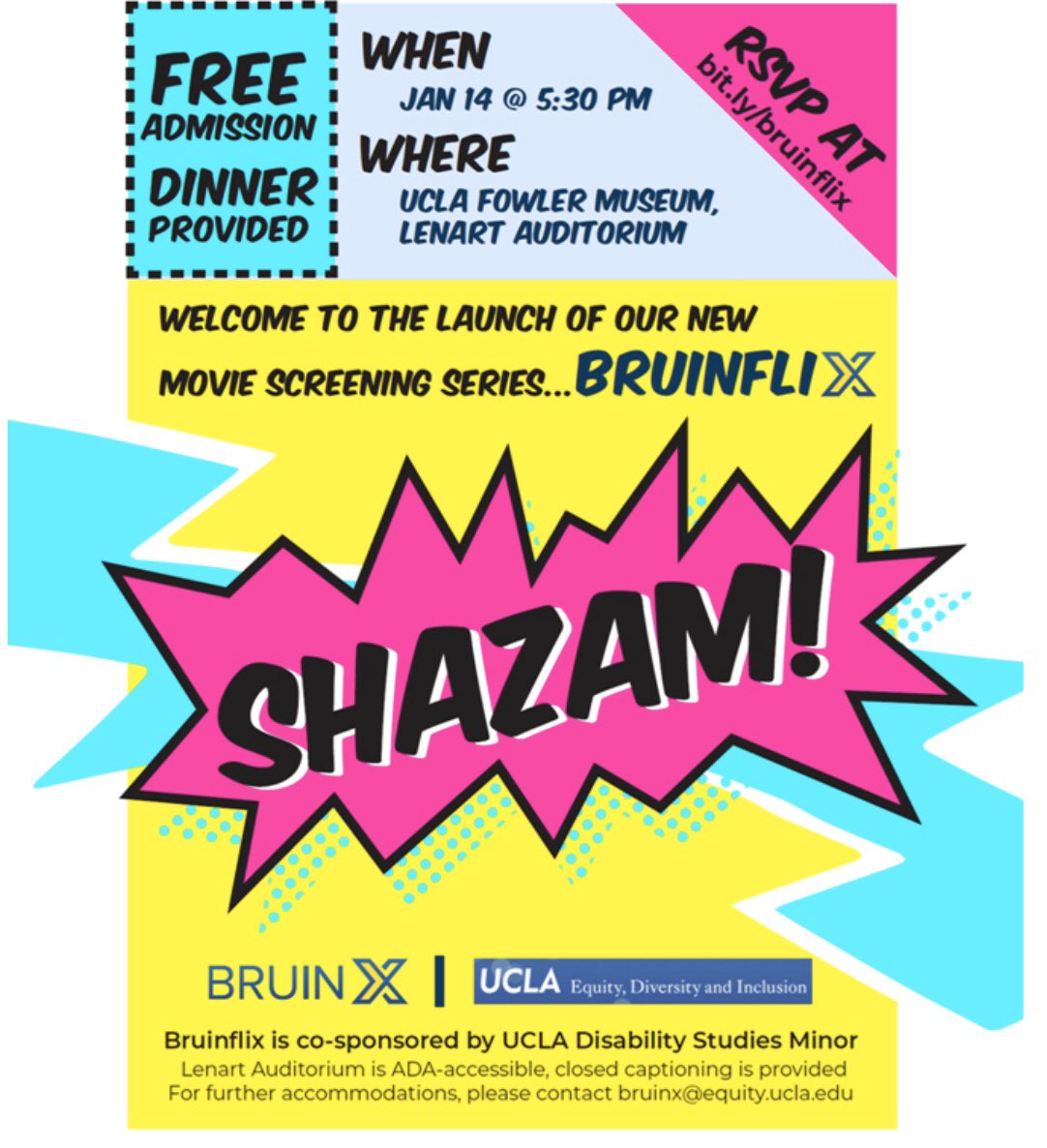 DisStdUCLA's tweet image. come one come all to the FREE screening of Shazam next Tuesday! Make sure to RSVP for a FREE DINNER and great show 💥 forms.gle/65RmbWVaPRT32R… ⚡️