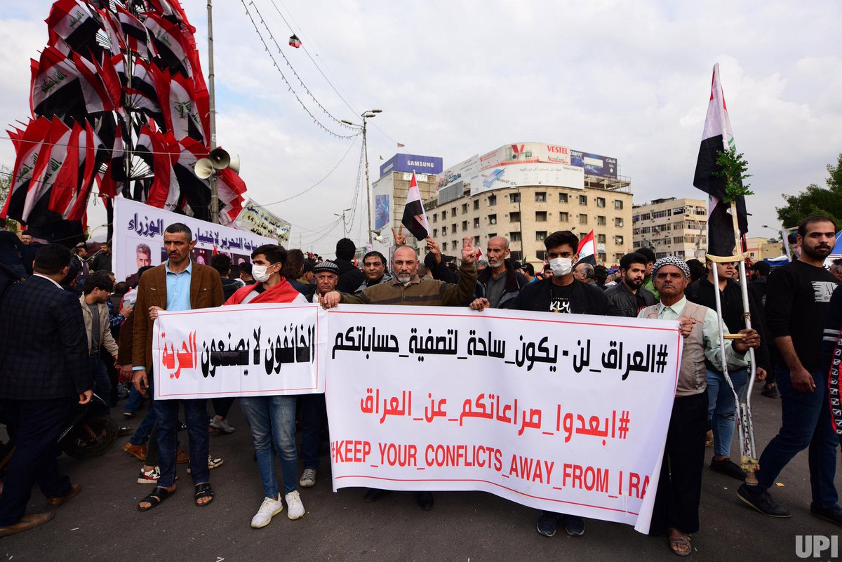 Demonstrators are seen during protests in Baghdad's Tahrir Square on Jan. 10, 2020. Thousands of Iraqis rallied across the country today, reviving a months-long protest movement vs the gov & adding criticisms of both the US/Iran to their chants. Photo by Humam Mohamed @UPI.