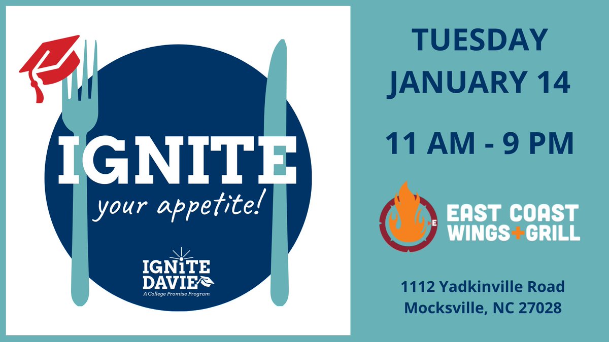 davidsondaviecc's tweet photo. Help @IgniteDavie this Tuesday, Jan. 11, at @eastcoastwings in Mocksville from 11 a.m. to 9 p.m.
Your delicious lunch or dinner will go to support future generations of Davie County students reach their full potential. #IgniteDavie https://t.co/UOmPV3tMTg