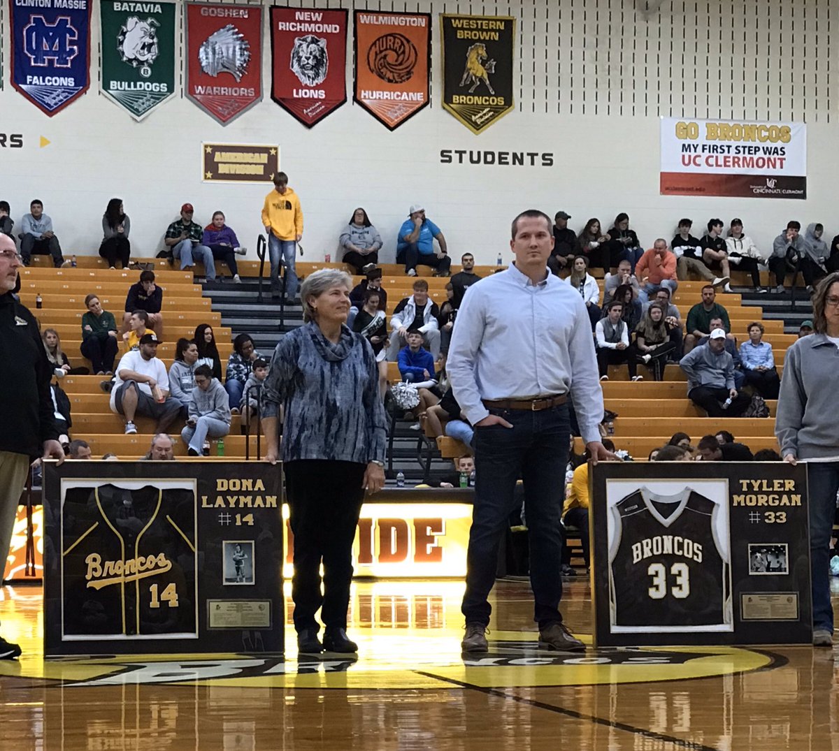 BCPressSports's tweet photo. Before the start of tonight’s Western Brown High School varsity boys game they retired the jerseys of Dona Layman and Tyler Morgan. https://t.co/A1gLG3zasW