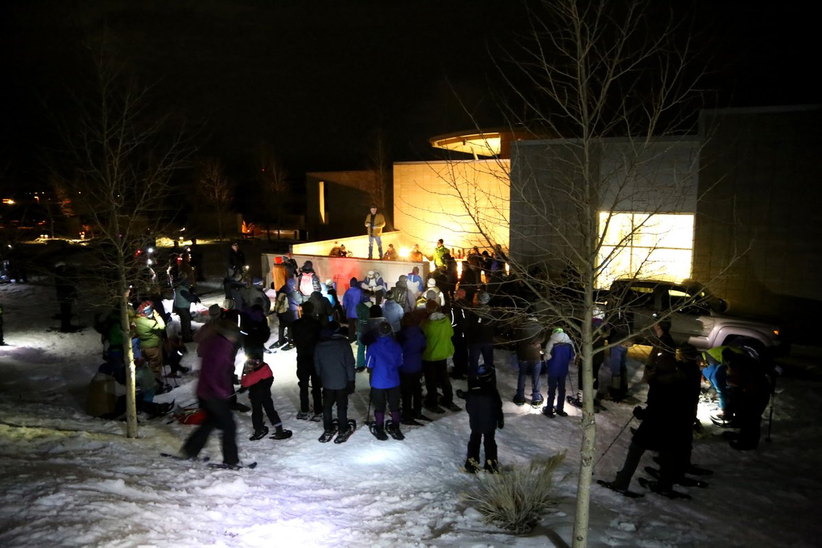 Snowshoe hikers gather at the California Trail Interpretive Center for the 2016 community snowshoe hike.
