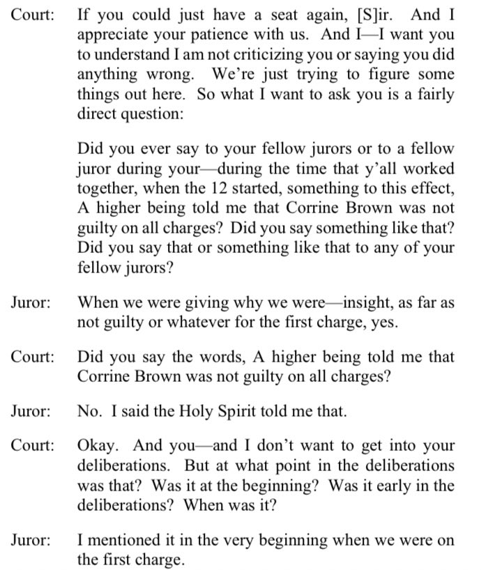 Jeremy Gans Na Twitteru Court Did You Say The Words A Higher Being Told Me That Corrine Brown Was Not Guilty On All Charges Juror 13 No I Said The Holy Spirit Jeremy Gans Na Twitteru Court Did You Say The Words A Higher Being Told Me That Corrine Brown Was Not Guilty On All Charges Juror 13 No I Said The Holy Spirit