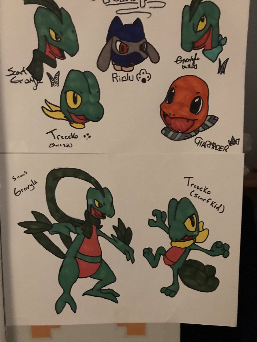 ohokthatworks's tweet photo. Been working on a little side story about a kid who likes scarfs and his Grovyle get put into the world of Mystery Dungeon. But the kid isn’t a kid anymore... he’s a Treecko! (Art by me, both the Treecko and Grovyle with the dark green scarf are my OCs) https://t.co/Xis4UEtDTE