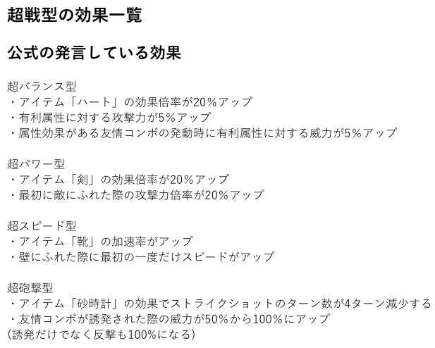 ぽけぽけ ぽけぽけメモ 超戦型の効果一覧 1枚目は公式の発言そのまま 2枚目は実際の効果です 超バランス型と超パワー型 は隠し効果が発見されましたが 超スピード型と超砲撃型にも何かあるのだろうか