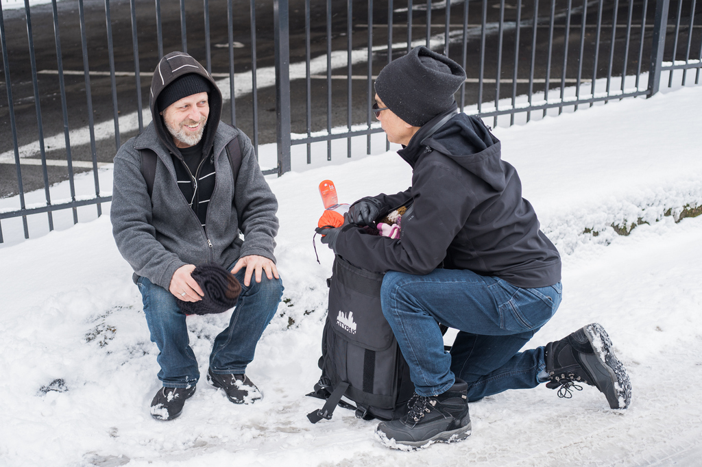 The snow can't stop us! <a href="/UGM/">Union Gospel Mission</a> outreach workers hit the streets of #Vancouver during #BCStorm, offering survival gear, food, and connection to anyone outside. You can help save lives too - give now: bit.ly/UGM-Snow