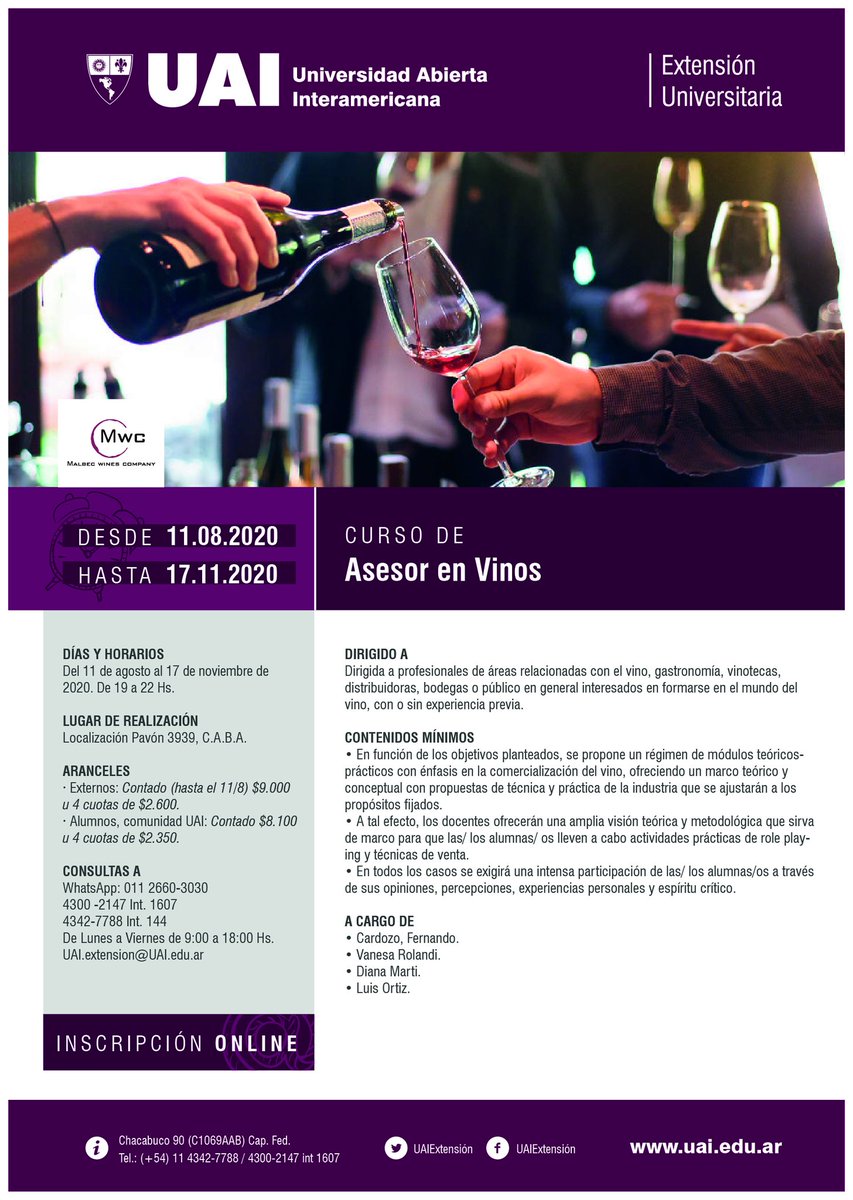 malbecwinesMWC's tweet photo. ASESOR EN VINOS:
Los dias Martes de 19.00 a 22.00 hs
Inicio: 11 de Agosto
Finalización: 17 de Noviembre https://t.co/UCDCgNns8g