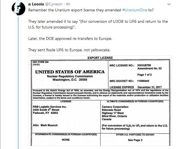 8) 11/11/2017: “Everyone Involved in  #Uranium1 “Donated” Money to Clinton Fdn” “License Obtained to Export 15,000 Tons from  #ConverDyn directly into Moscow, Russia”“Russians donated $145Million to Clinton Fdn”