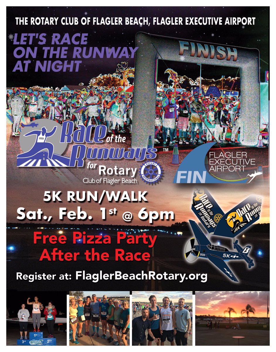 9th Annual Race of the Runways for Rotary, Feb 1st @ 6:00 PM. Don’t miss this unique opportunity to do a 5K on the Flagler Executive Airport
