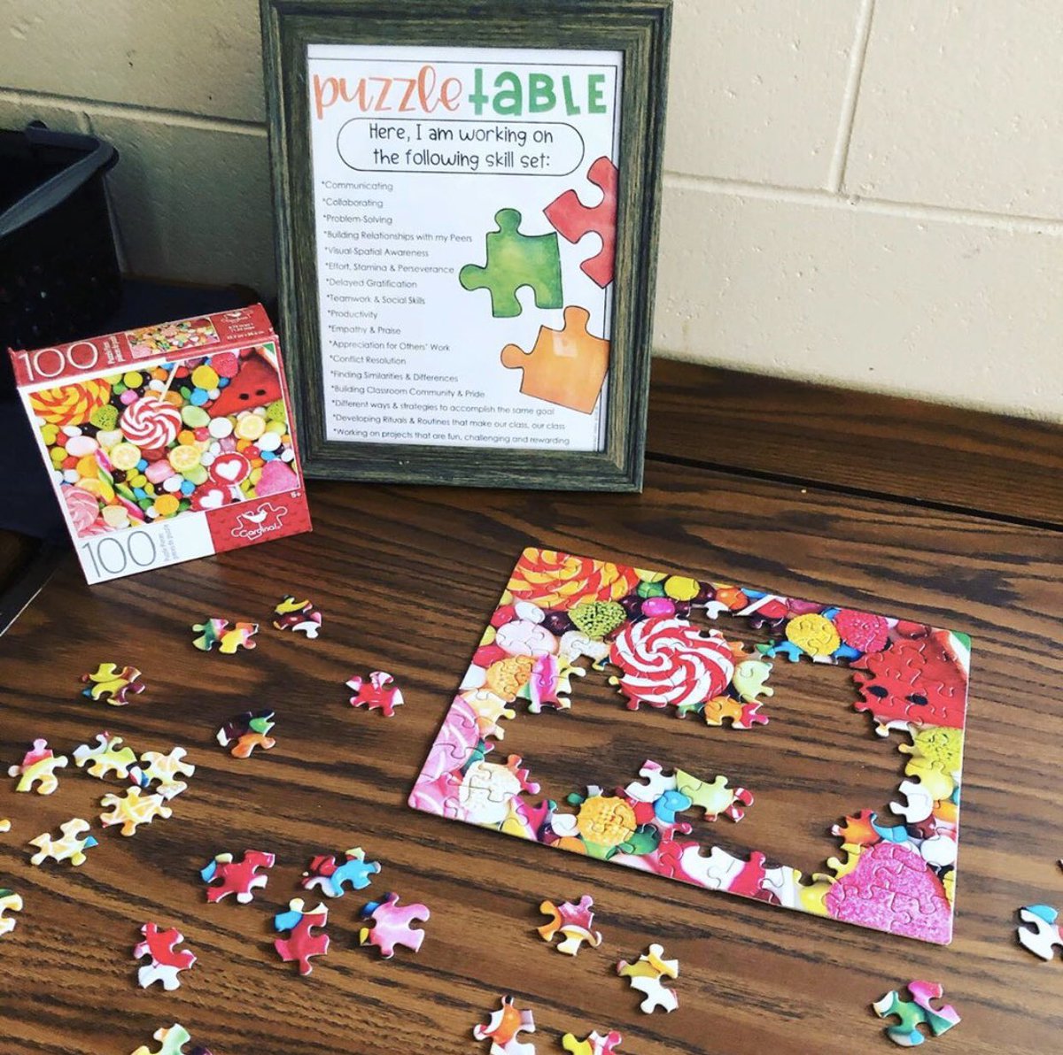 iteachinroom204's tweet image. Puzzle Table is a HIT! My students started working during morning arrival, math group time, and indoor recess yesterday. They’ve already completed THREE puzzles. I’m going to have to step them up to a 300 piece next week!!! #puzzletable