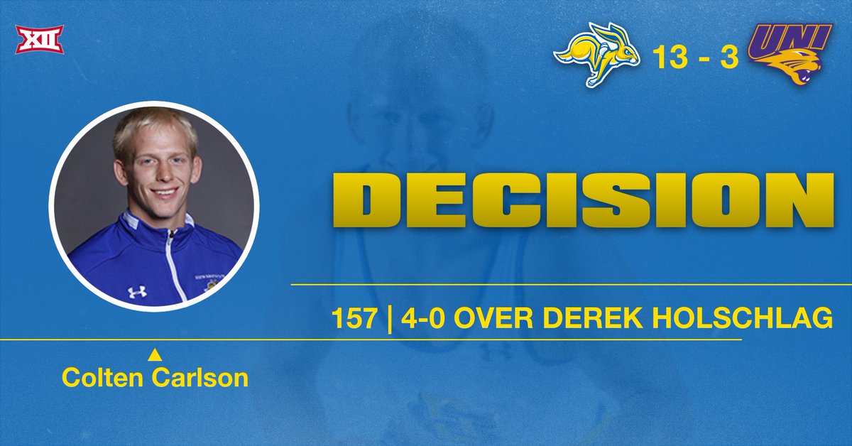 GoJacksWrestle's tweet photo. 157 | Colten Carlson sends the Jackrabbits into intermission with a 13-3 lead over Northern Iowa after posting a 4-0 shutout #GetJacked https://t.co/hWQa86ZAmR