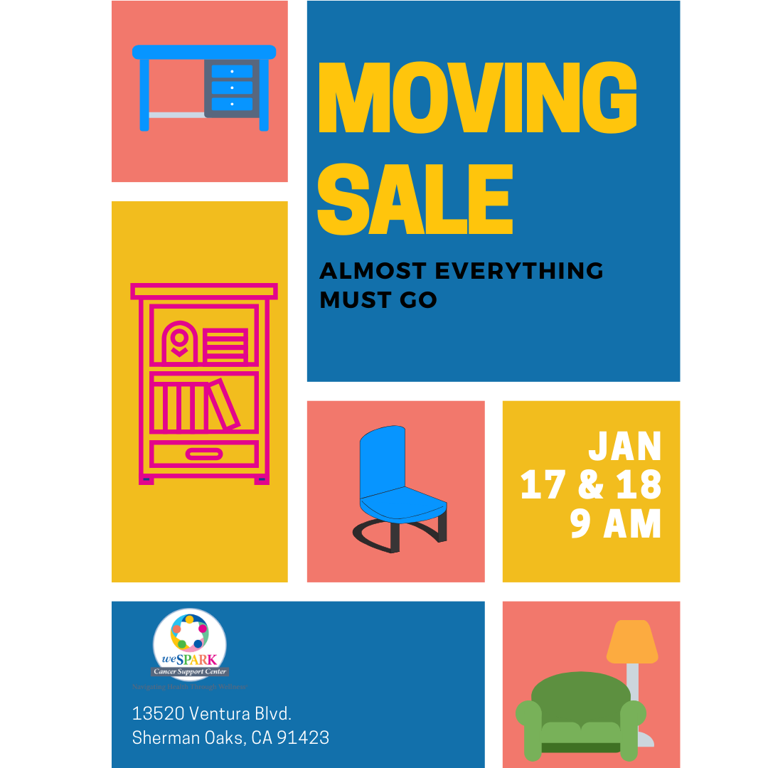 Come to our epic moving sale. Artwork, plants, chairs, couches, bookshelves, lamps,  and much, much more, almost everything must go! 
Friday, Jan 17 from 9 AM to 1 PM &amp; Saturday, Jan 18 from 9 AM to 2 PM.  Cash &amp; credit cards ONLY! 
#wespark #cancersupport #garagesale #movingsale