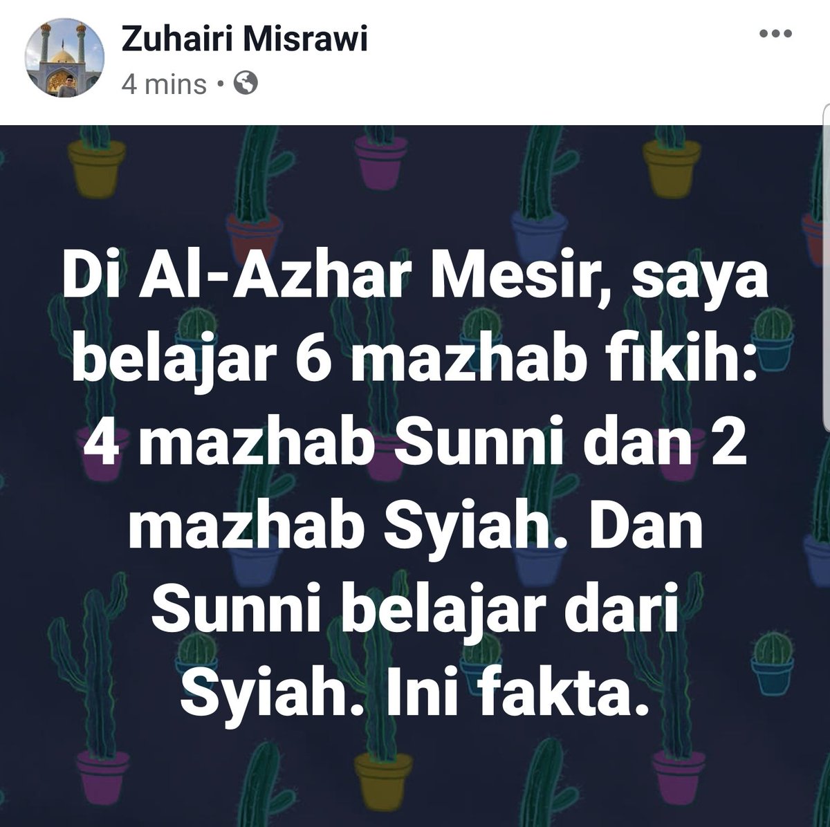 Imam Para mazhab Sunni belajar dari Imam Mazhab Syiah, yaitu Imam Ja'far al-Shadiq. Saya beruntung di al-Azhar Mesir belajar 6 mazhab: 4 mazhab Sunni dan 2 mazhab Syiah. Sekarang, ada yang nggak pernah belajar mazhab, tapi merasa paling tahu Islam.