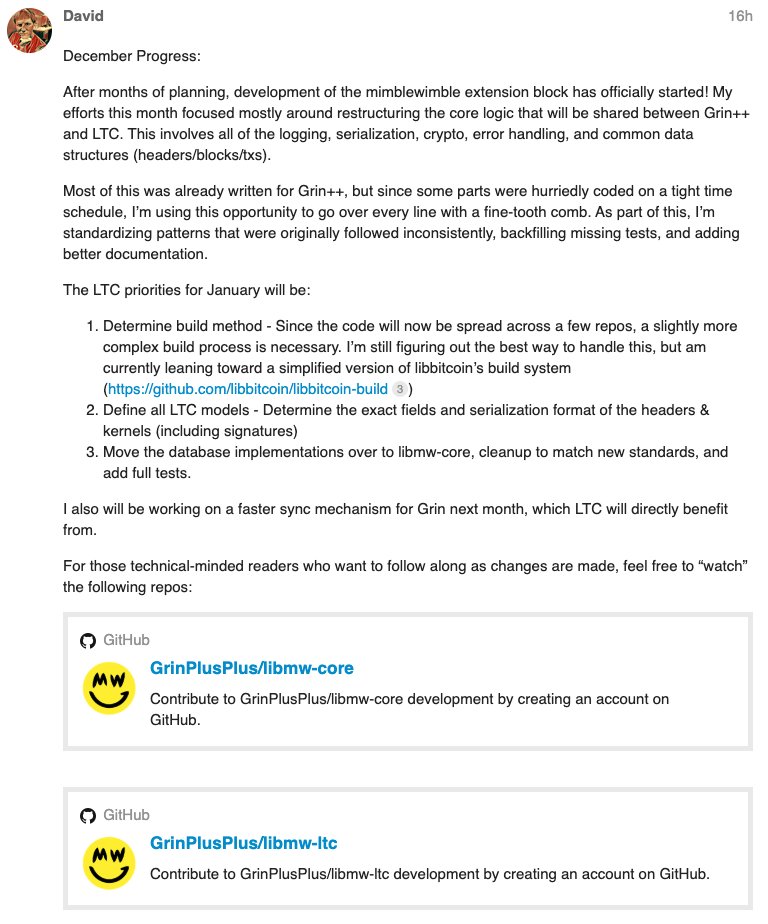 SatoshiLite's tweet photo. Here's the December update on MimbleWimble on Litecoin by @DavidBurkett38: https://t.co/wbmcQJEcDQ

Fundraising for the Litecoin Confidential Transaction Fund is going strong. We are 1/4 of the way there. But we still need your help #LitecoinFam. Thanks! https://t.co/lHZE1ipGtn https://t.co/iDoGlp3vMG