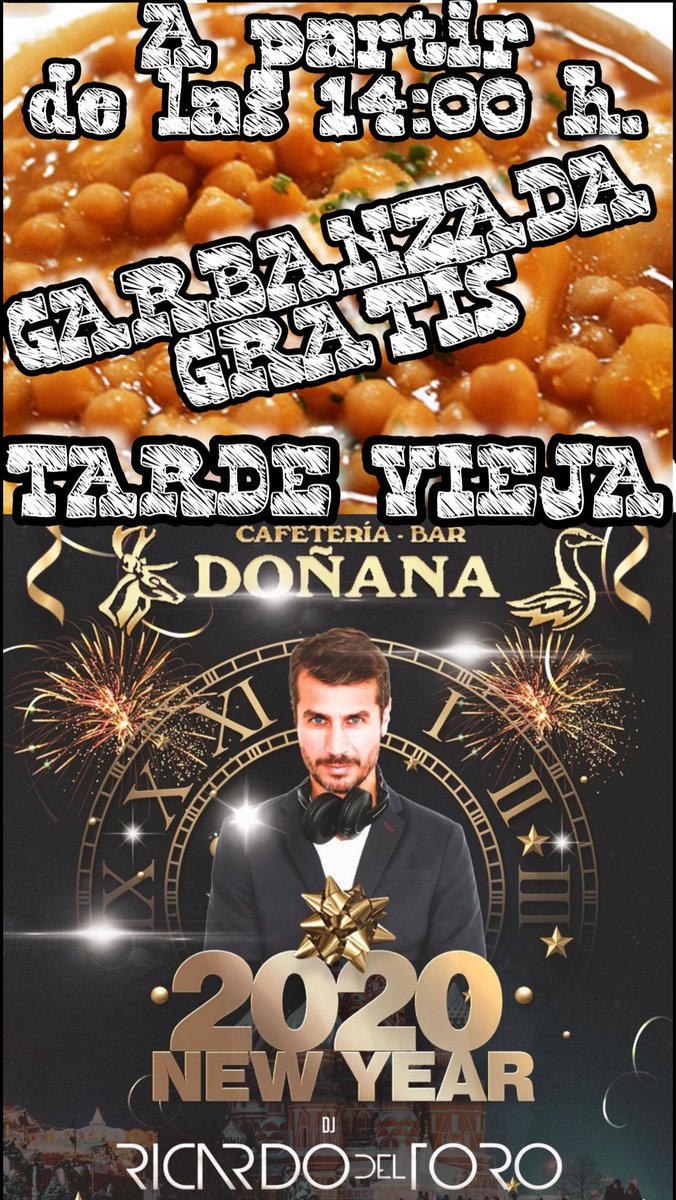 A partir de las 14:00 h. 🍛GARBANZADA GRATIS🍛 para todos nuestros clientes y a continuacion el 🎉FIN DE AÑO🎊con🎚 Ricardo del Toro🎧 todo un espectáculo audiovisual a partir de las 18:00h. ,nos adelantemos a las campanadas a las 🕛 21:00h.🎆 con muchas sorpresas más🎆.