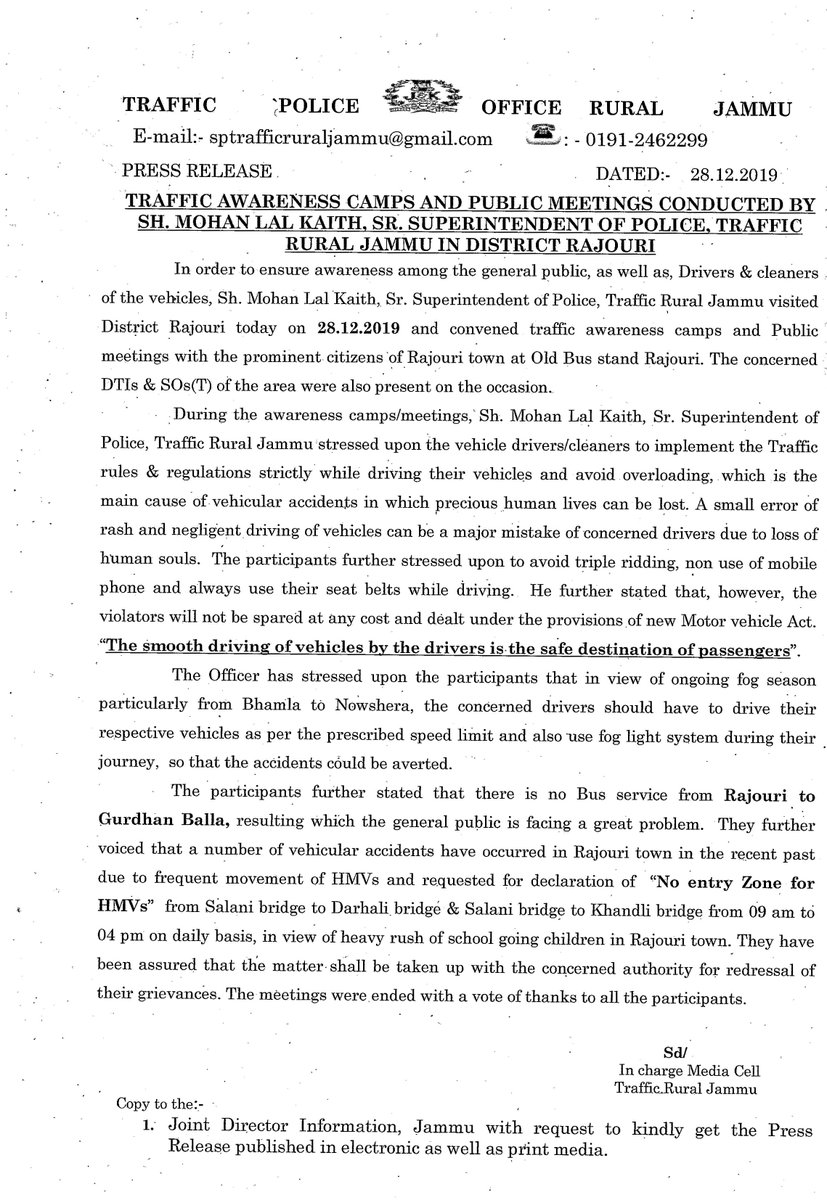 TRAFFIC AWARENESS CAMPS AND PUBLIC MEETINGS CONDUCTED BY SH. MOHAN LAL KAITH, SR. SUPERINTENDENT OF POLICE, TRAFFIC RURAL JAMMU IN DISTRICT RAJOURI