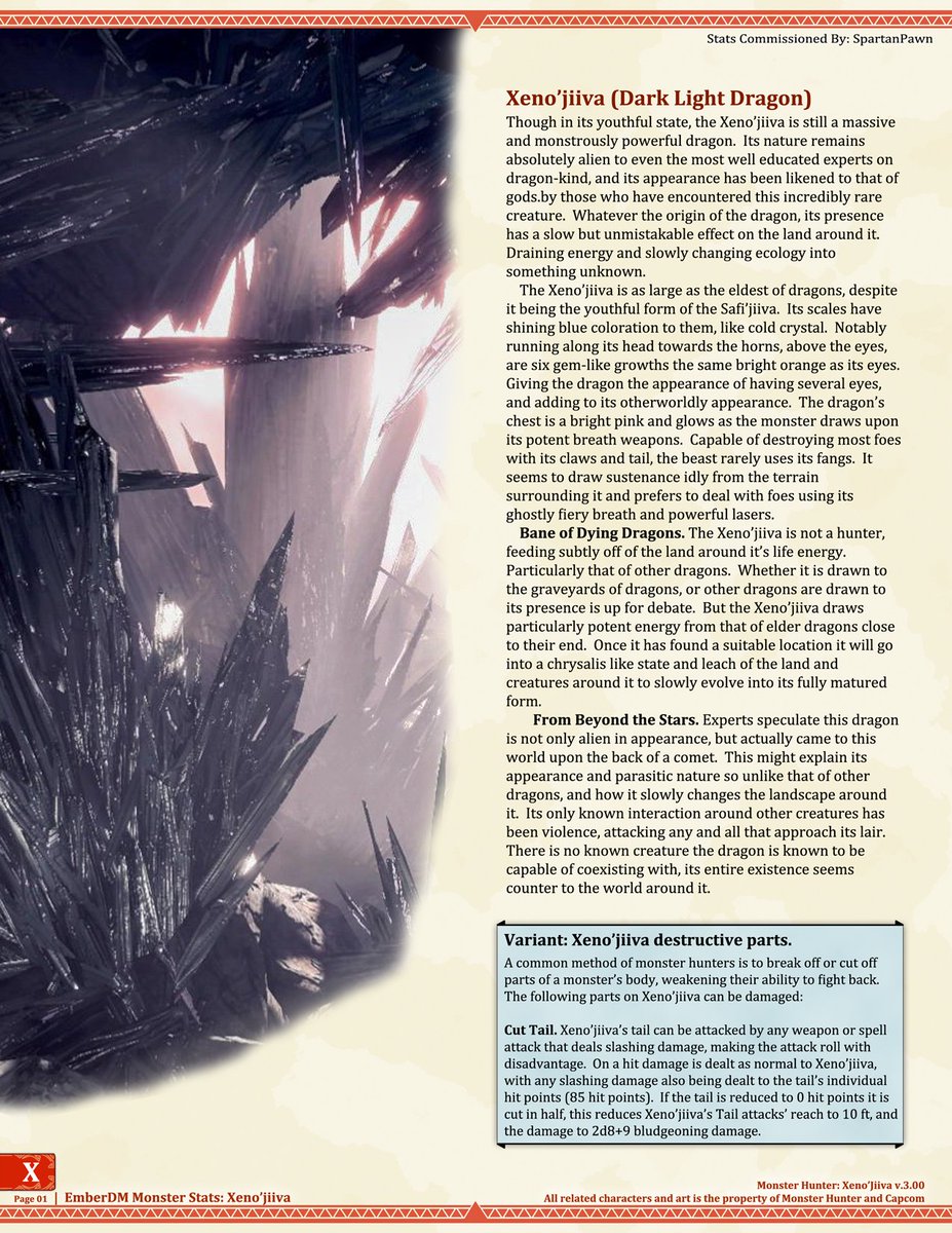 ember_dm's tweet image. Monster Hunter World: Xeno'jiiva D&amp;amp;D Stats (Reupload for slight attack roll fix)

A commission from @SpartanPawn, to take Xeno'jiiva and stat it in 5e.  More Monster Hunter to come soon.  (Thank you for the commission!)  #DnD