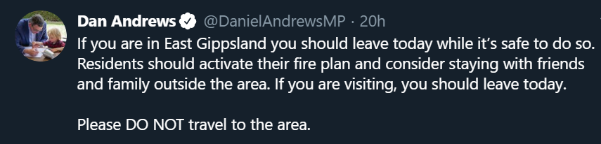 BradBattinMP's tweet photo. On a day when we have the largest evacuations due to fires, weather and predictions of potential disaster - The Premier of Victoria Daniel Andrews is on leave.

The Premier, the lead person in an emergency in Victoria,  tweets from his holiday location.

Where are you Dan? https://t.co/dPJGpemgHU