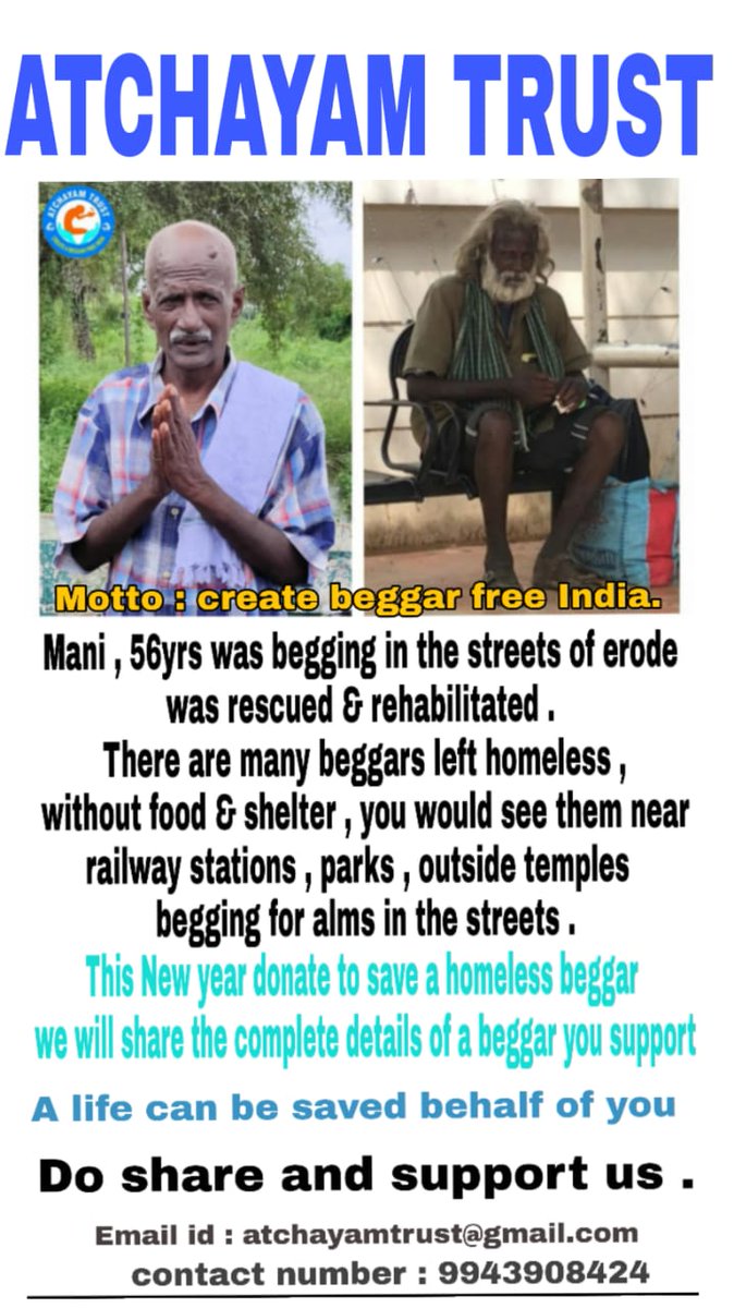 ATCHAYAMTRUST's tweet photo. One can not help everyone but everyone can help someone. Join with us to help someone, we do instead of you👍🏻.
#atchayam_trust
#humanity
#Beggar_free_India

For more details:-
Facebook : https://t.co/Uyds0kfzJz
Instagram :  https://t.co/NbJYjDfgYW https://t.co/VqnN8VvXVB