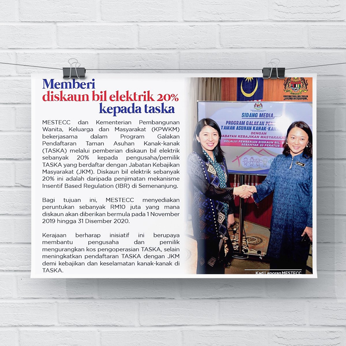 Kelly2988's tweet photo. MESTECC 和 Kementerian Pembangunan Wanita, Keluarga dan Masyarakat (KPWKM) 合作,通过向在 Jabatan Kebajikan Masyarakat (JKM) 注册托儿所的雇主/业主提供20%的电费折扣,开展了 Program Galakan Pendaftaran Taman Asuhan Kanak-Kanak (TASKA)。#mestecc2019
https://t.co/upsGxqhFdV https://t.co/HFj4tK0NPA