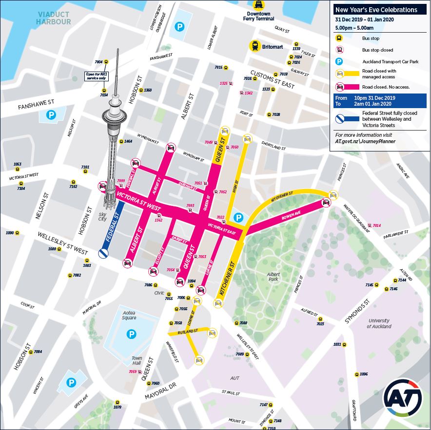 Map of closed streets and bus stops in the city centre for NYE 2019