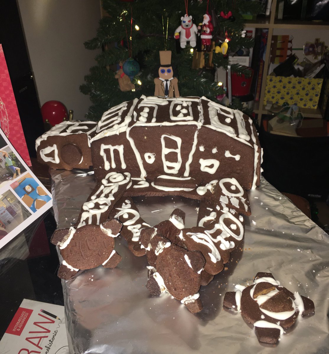 Nandry83's tweet photo. Star Wars: Battle on Hoth represented by a fallen AT-AT #GISHMAS #Item7. Beautiful dark gingerbread and royal icing with a touch of lemon flavour. Tasted amazing!!!🎄🎁 https://t.co/SeGSUTlwtw