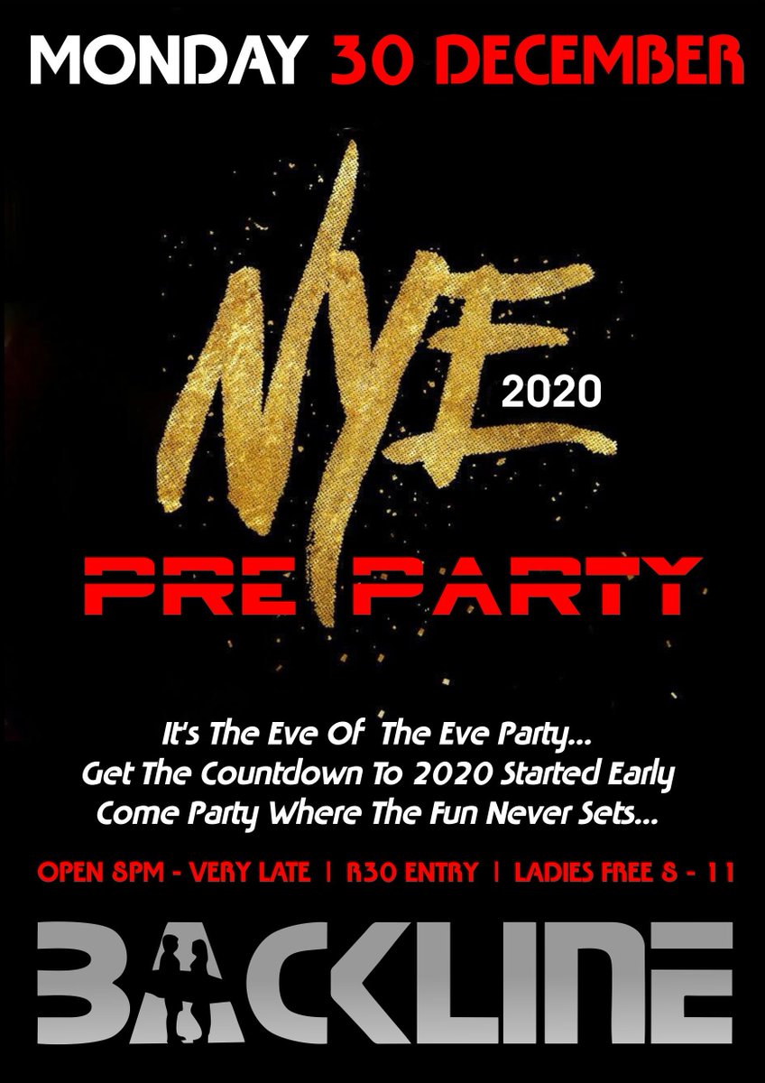 Happy Monday Party People! Backline Is OPEN Monday, Tuesday, Friday &amp; Saturday Nite This Week, Starting With A NYE Pre-Party Tonite, NYE Party Tuesday Nite, Foam Party Friday Nite &amp; DJ RS &amp; JC Beatz Closing Off Season With A Banger Saturday Nite. Watch This Space For More Details