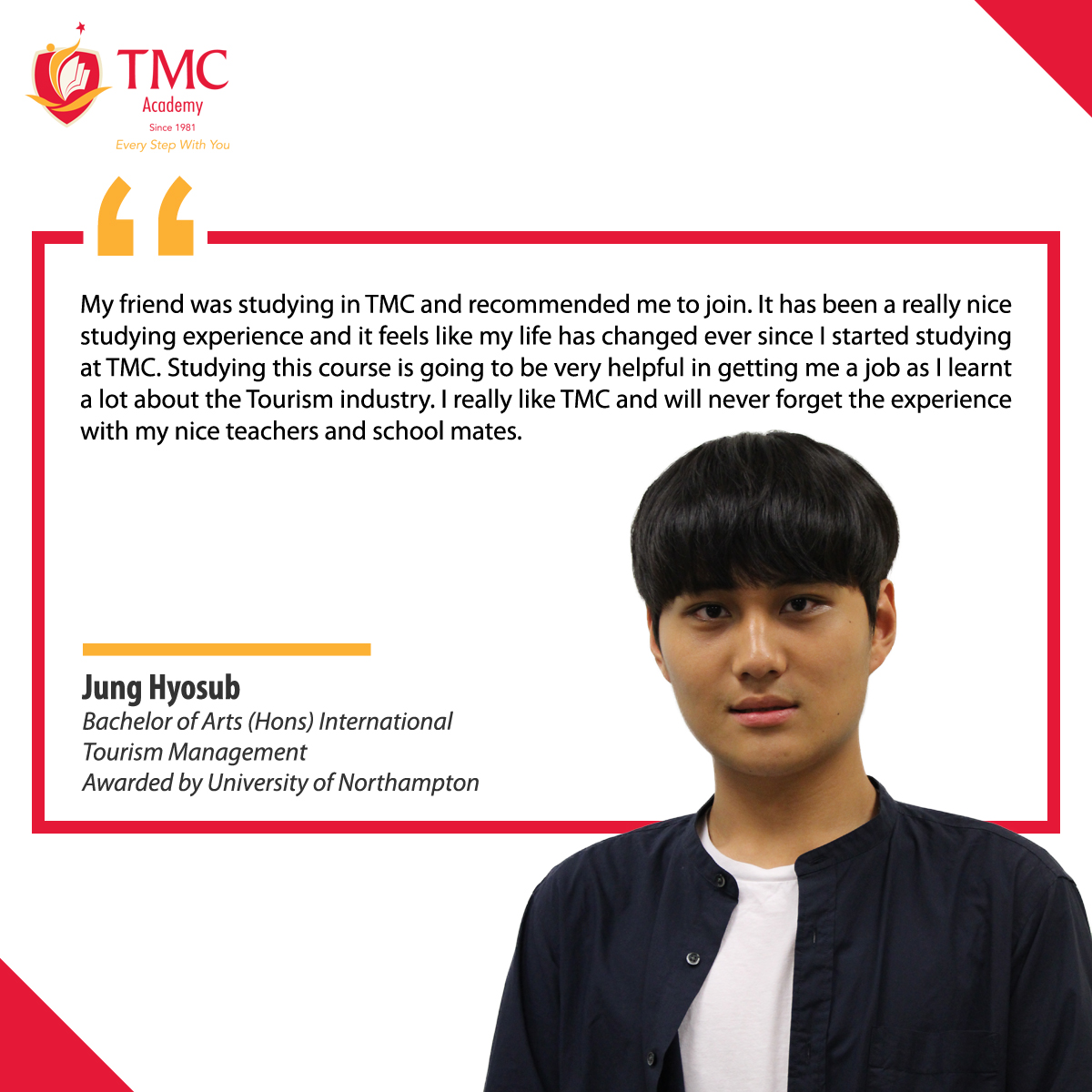 TMCacademy's tweet photo. Testimonial from Hyosub, #Hospitality #Degree student at TMC Academy. Next intake for our degree course is in March 2020! Attend our course preview on 16 January 2020 for a private academic consultation: https://t.co/sZRbx49wFq
#coursepreview #studenttestimonial https://t.co/QytuP3mklT