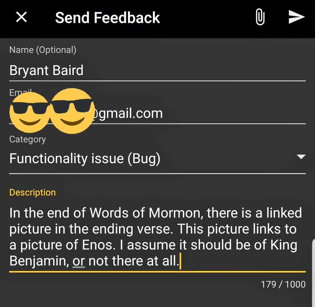 bryantabaird's tweet photo. Just submitted a bug in the Book of Mormon to @gospellibrary.

The historian-scribe Mormon would be so proud. https://t.co/9qwRZB7TBd