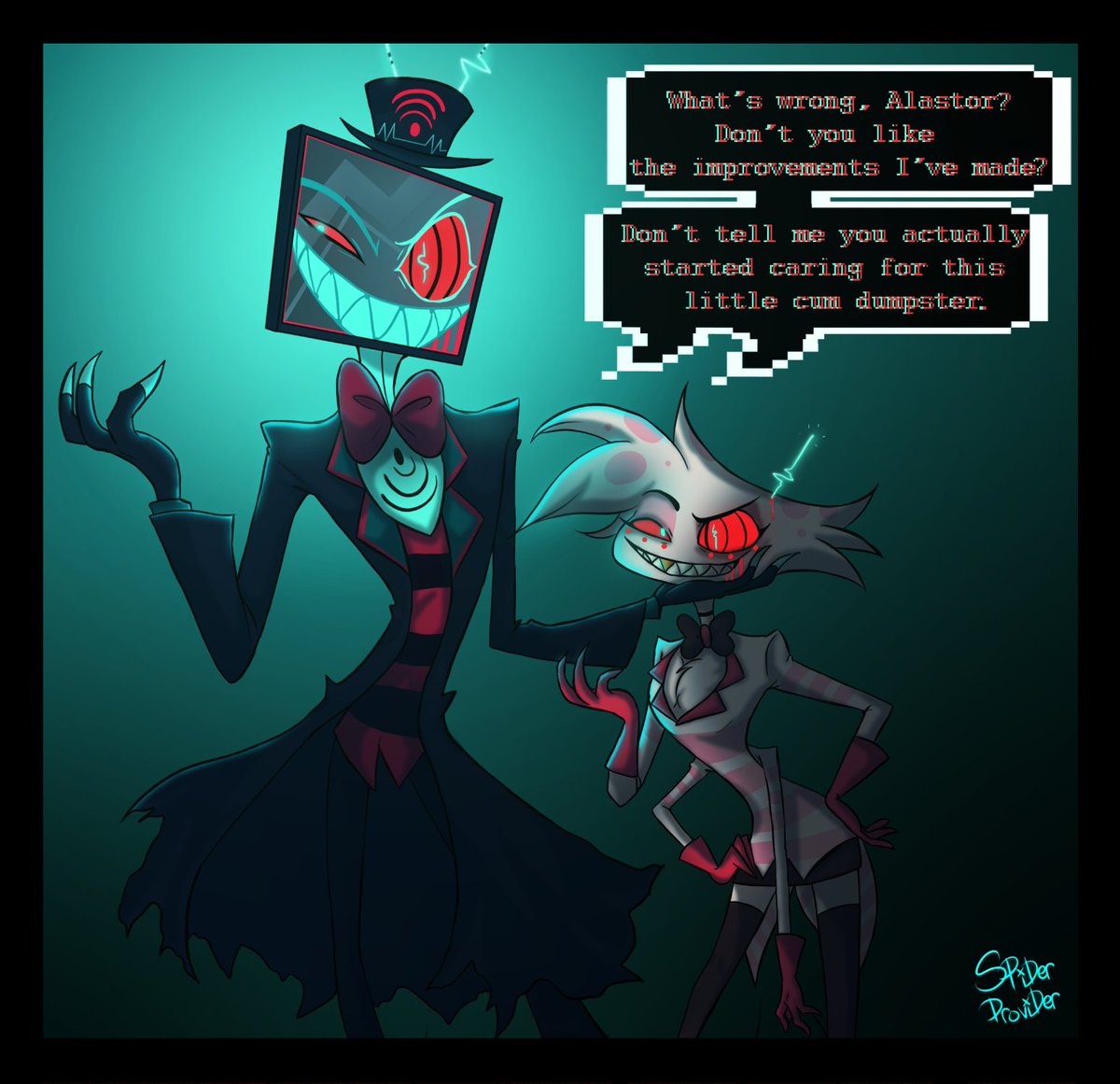SpiderProvider's tweet image. How do y'all feel about....mind control AUs..... #HazbinHotel #HazbinHotelFanart #radiodust
