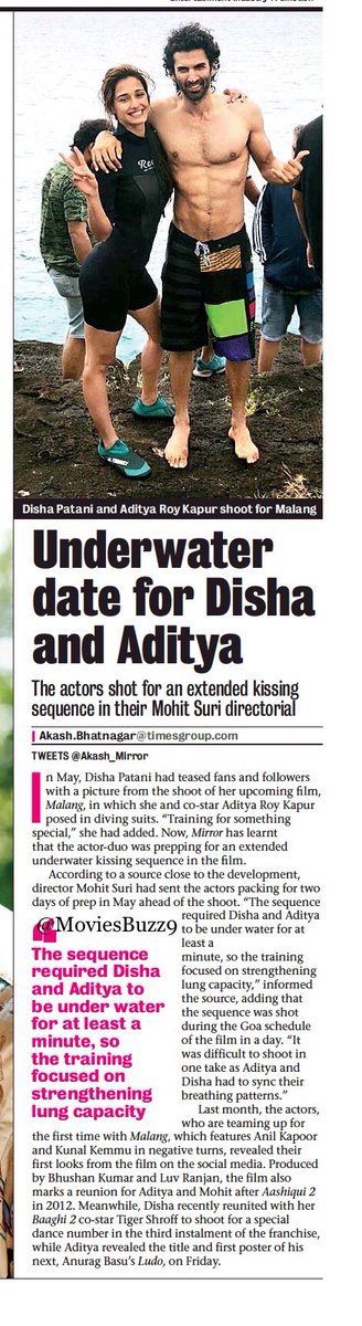 ARKFXCNews's tweet photo. Underwater date for #AdityaRoyKapur &amp; #DishaPatani 

The actors shot for an extended kissing sequence in their Mohit Suri directorial @DishPatani 
#Malang https://t.co/JxgSLx8OWq