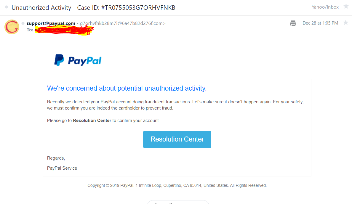 techbuzz_it's tweet photo. This mail looks like it was sent by Paypal. A closer look at the sender's email address shows it was sent from from g7orhvfnkb28m7i@6a47b82d276f.com  and not from support@paypal.com. #SocialEngineering , #onlinesafety. https://t.co/kfAb39bmZM