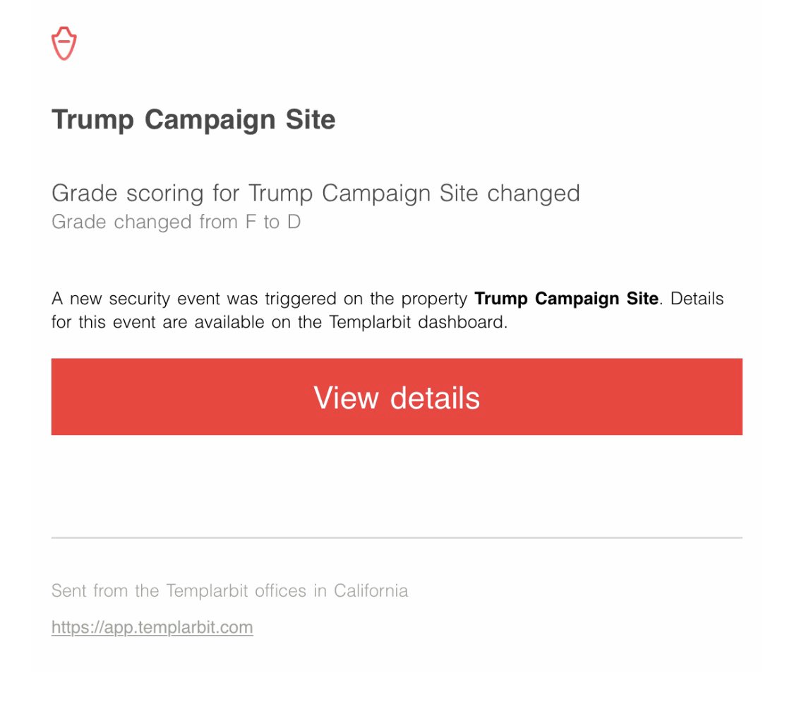 A few days ago we started rolling out a new set of security events for <a href="/templarbit/">Templarbit</a> Sonar. You will now receive security event notifications when the security score changes on one of your sites.
Looks like <a href="/realDonaldTrump/">Donald J. Trump</a> has just slightly upgraded the security config of his page